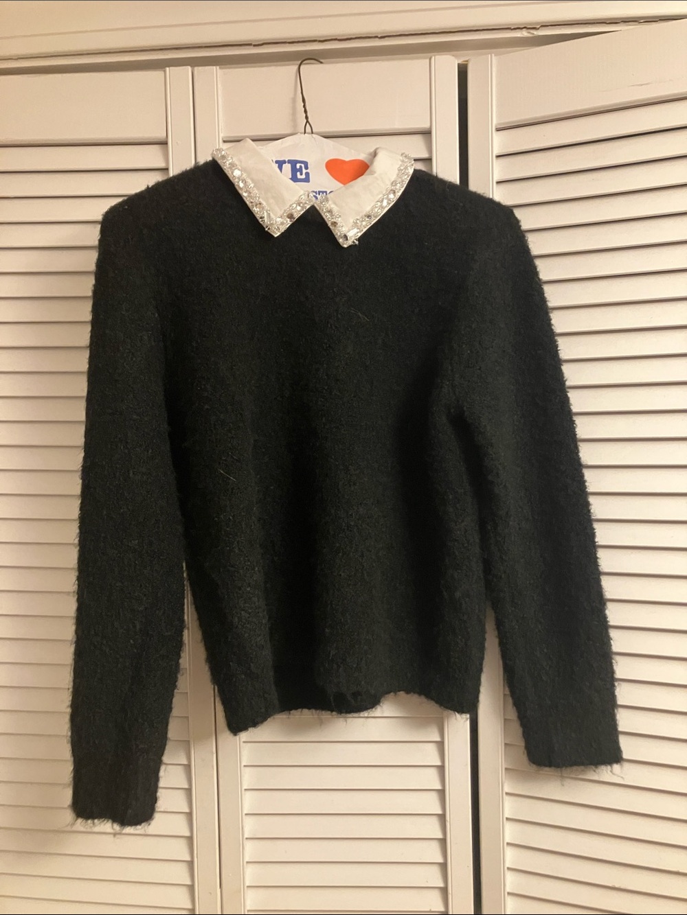Ted Baker Black Fuzzy Crewneck Sweater with Jeweled White Collar